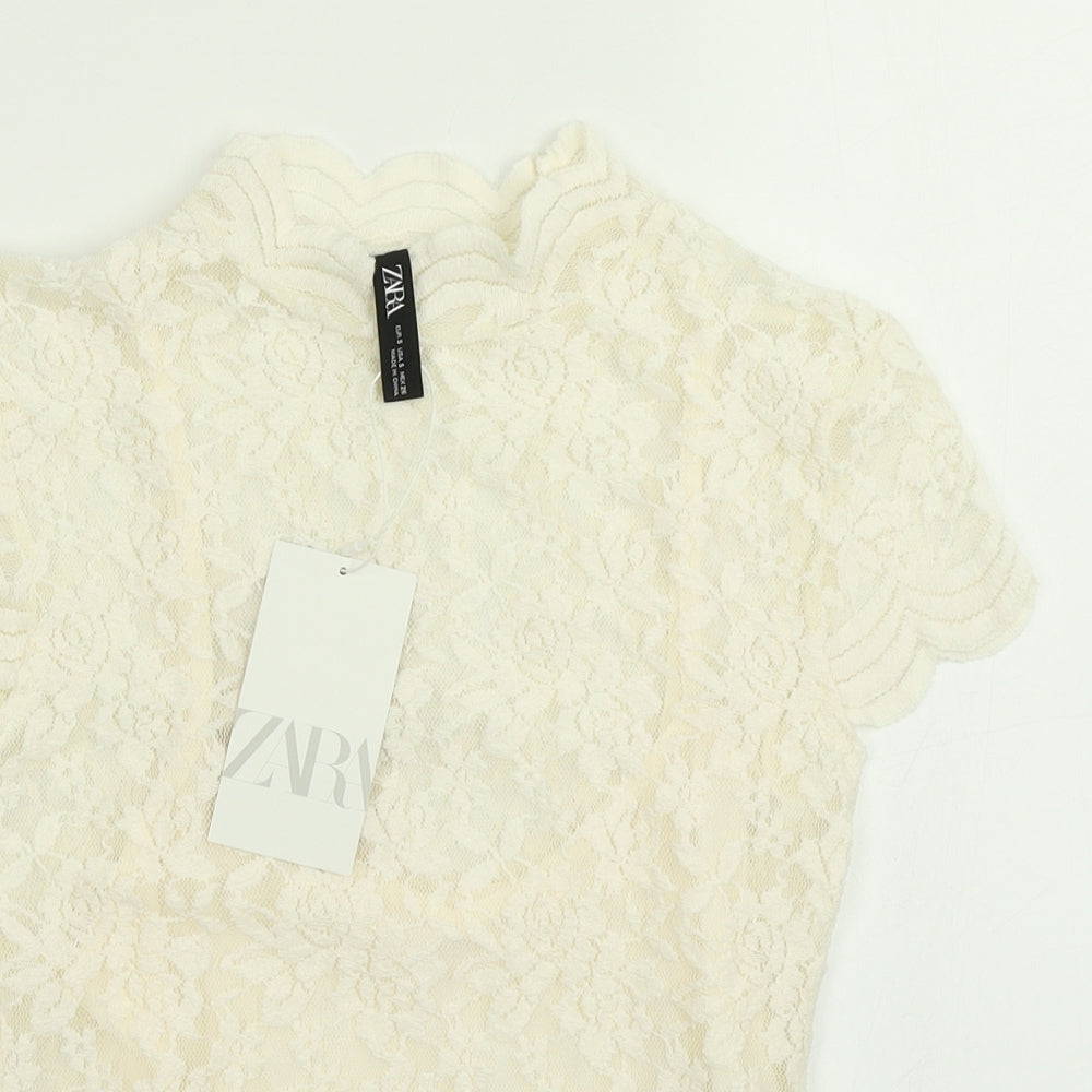 Zara Womens White  Lace Basic T-Shirt Size S