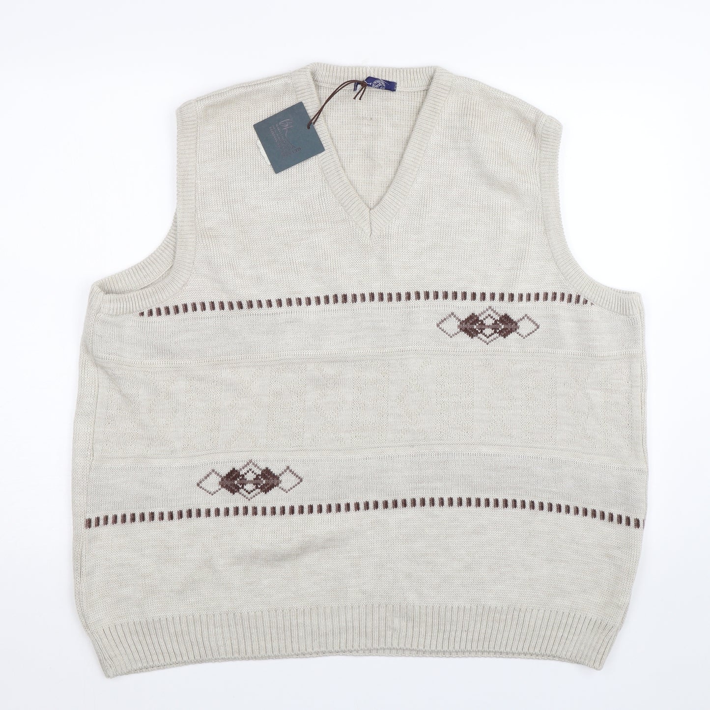 BHS Mens Beige Argyle/Diamond  Vest Jumper Size 2XL