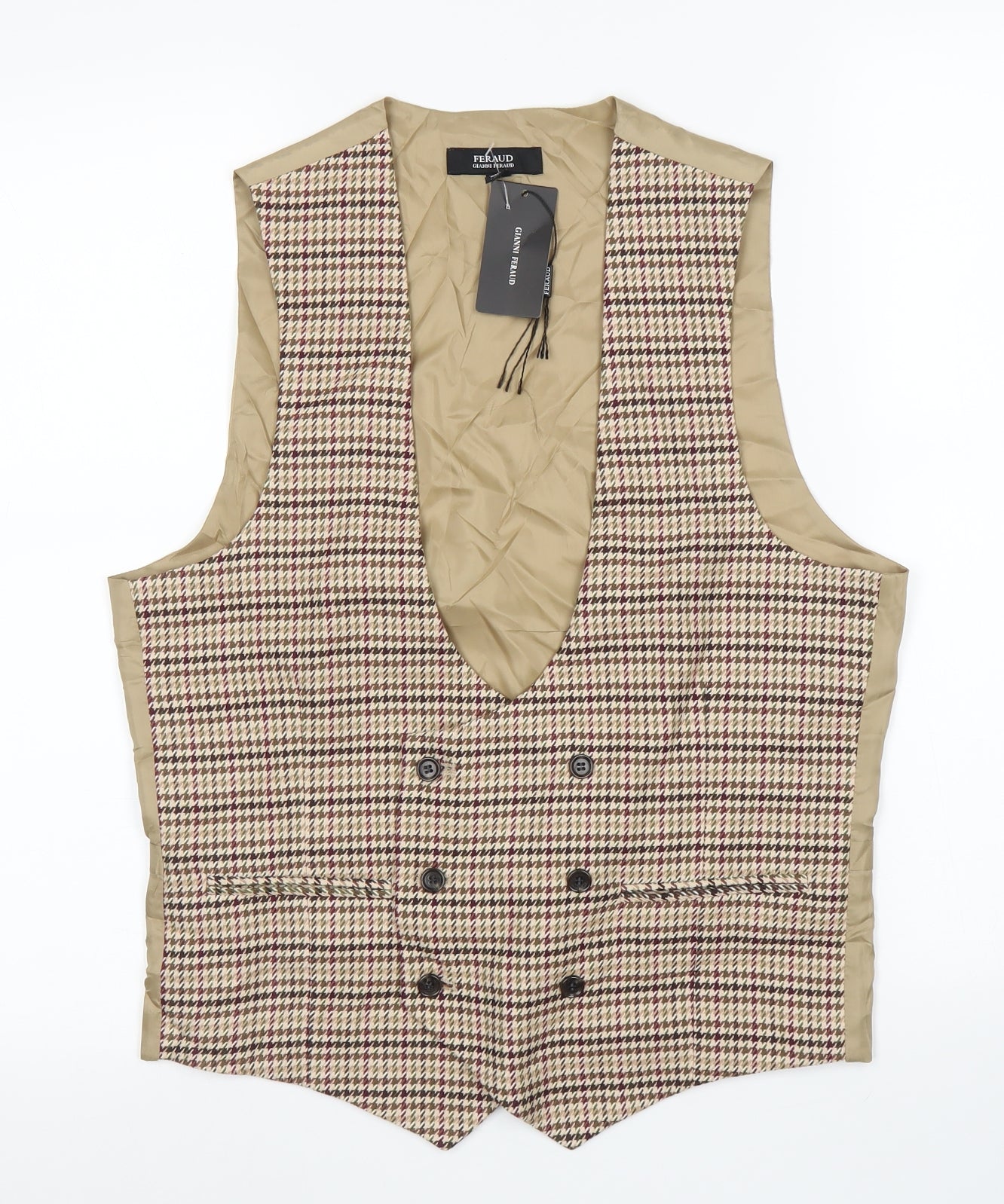 Feraud Mens Beige Houndstooth  Jacket Suit Waistcoat Size 38