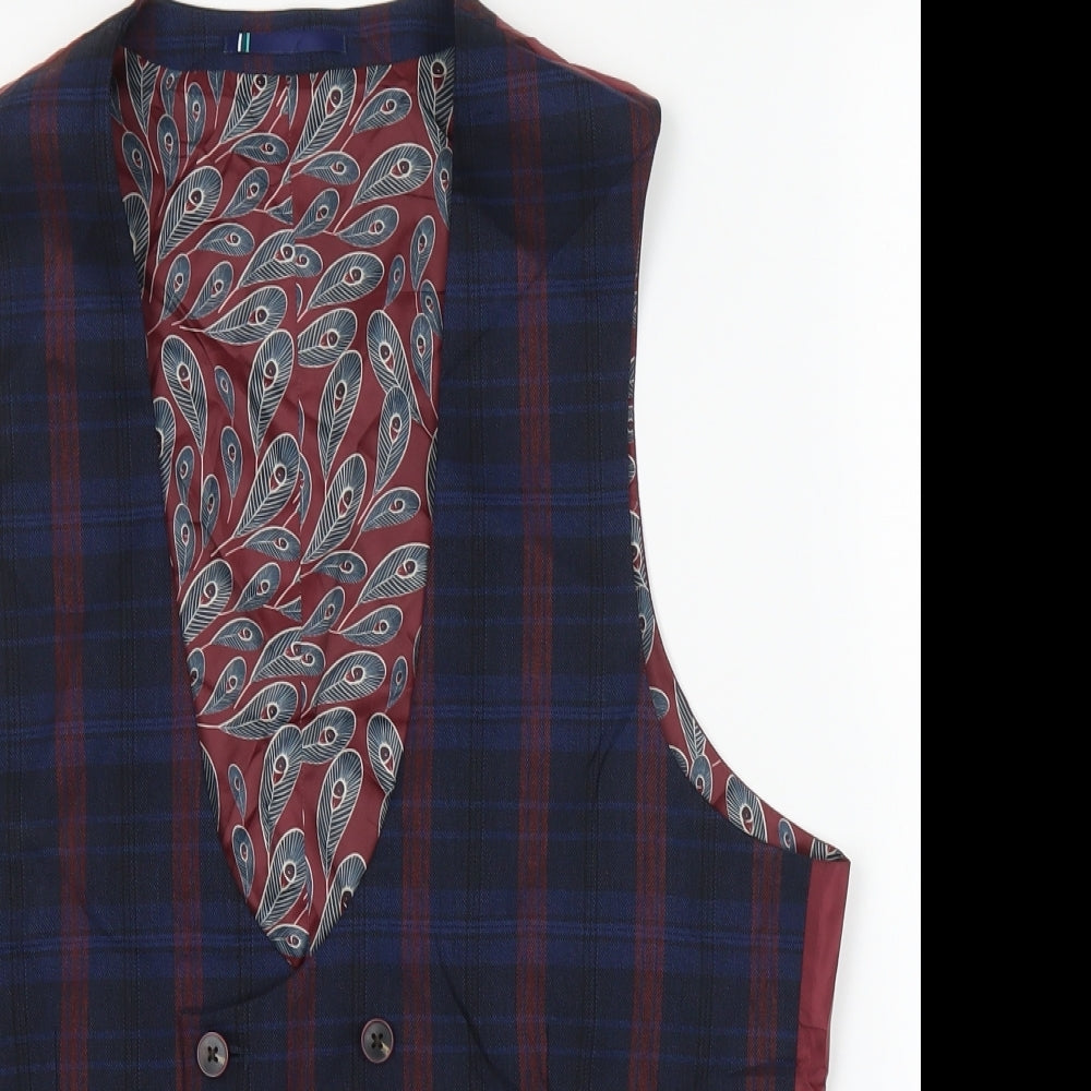 Prew Mens Blue Plaid  Jacket Suit Waistcoat Size 38