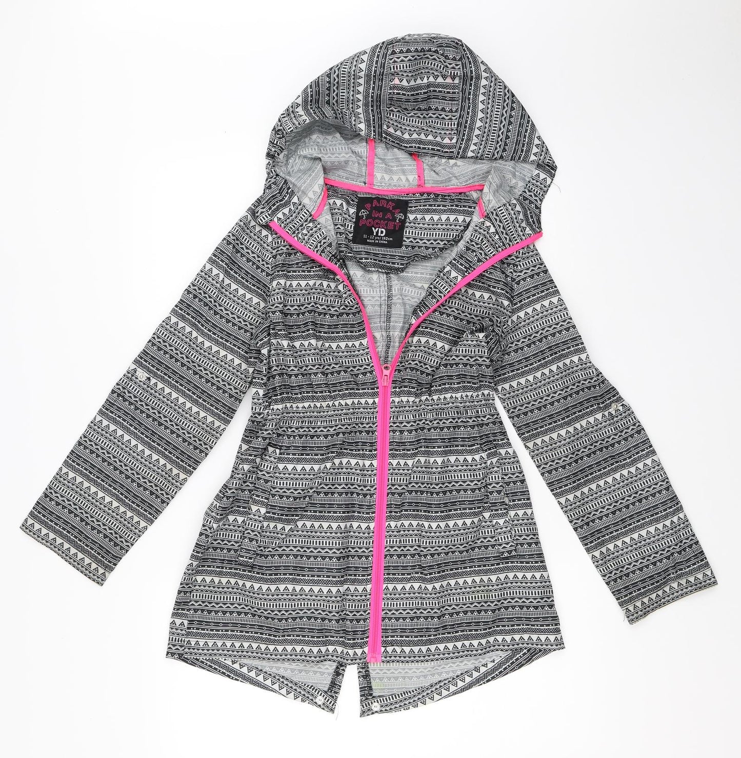 YD Girls Black Geometric  Rain Coat Coat Size 11-12 Years