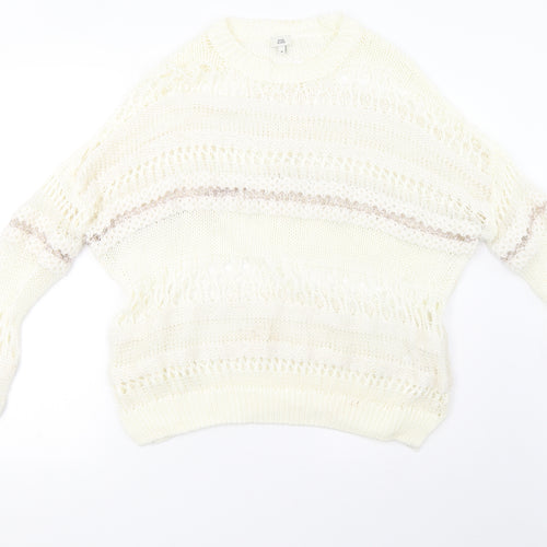 River Island Womens White Striped Knit Pullover Sweatshirt Size 10