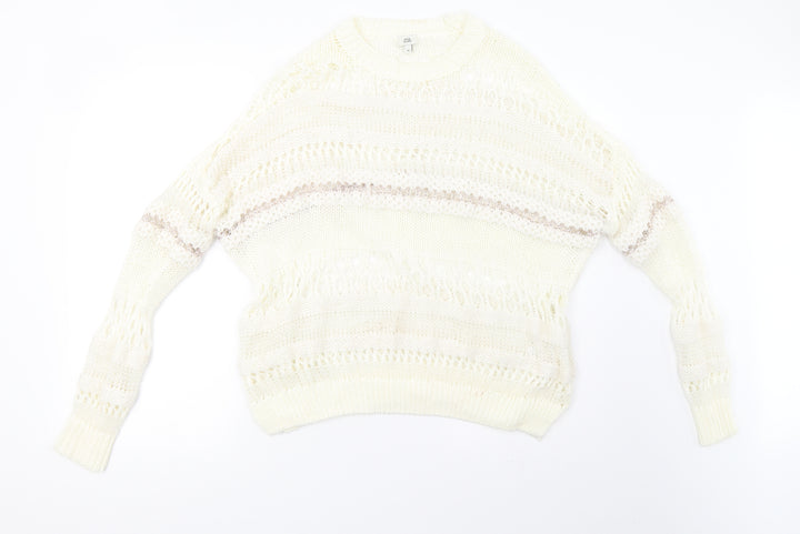 River Island Womens White Striped Knit Pullover Sweatshirt Size 10