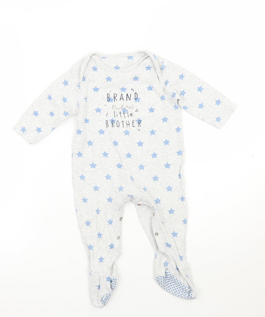 Front view of Mothercare Baby Grey Geometric Babygrow One-Piece, size 9-12, Months