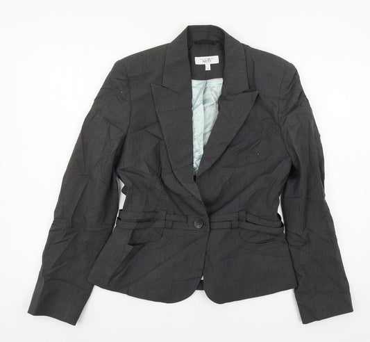 Front view of Next women’s grey striped jacket suit jacket, size UK 12