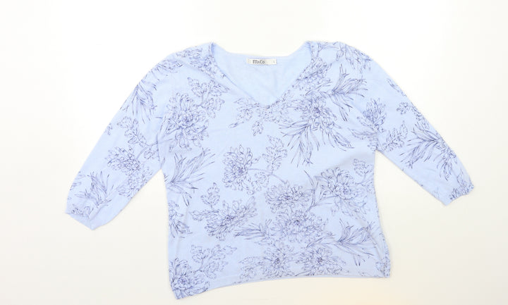 M&Co Womens Blue Floral Knit Pullover Jumper Size L