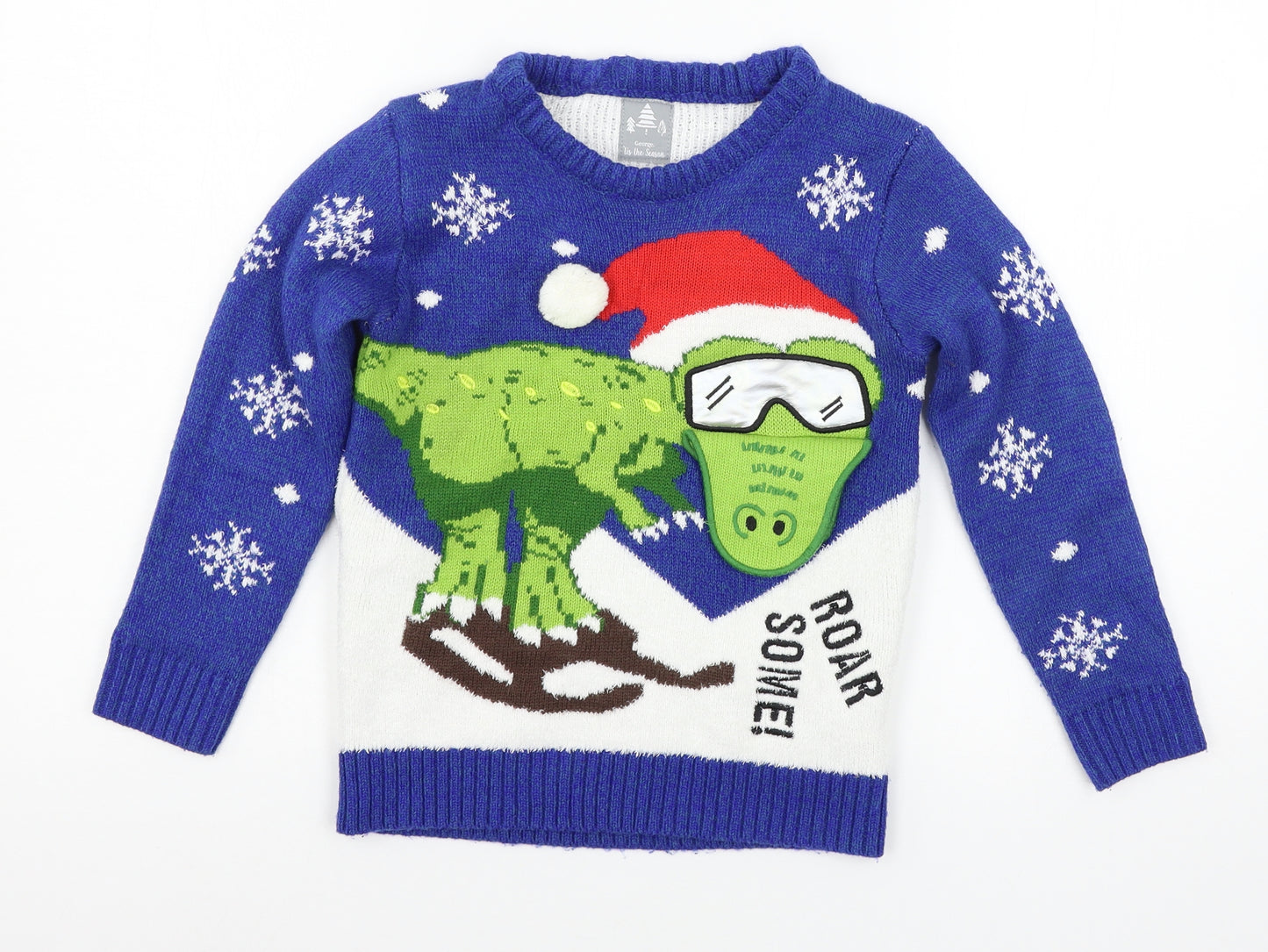 George Boys Blue  Knit Pullover Jumper Size 7-8 Years  - Christmas Dinosaur