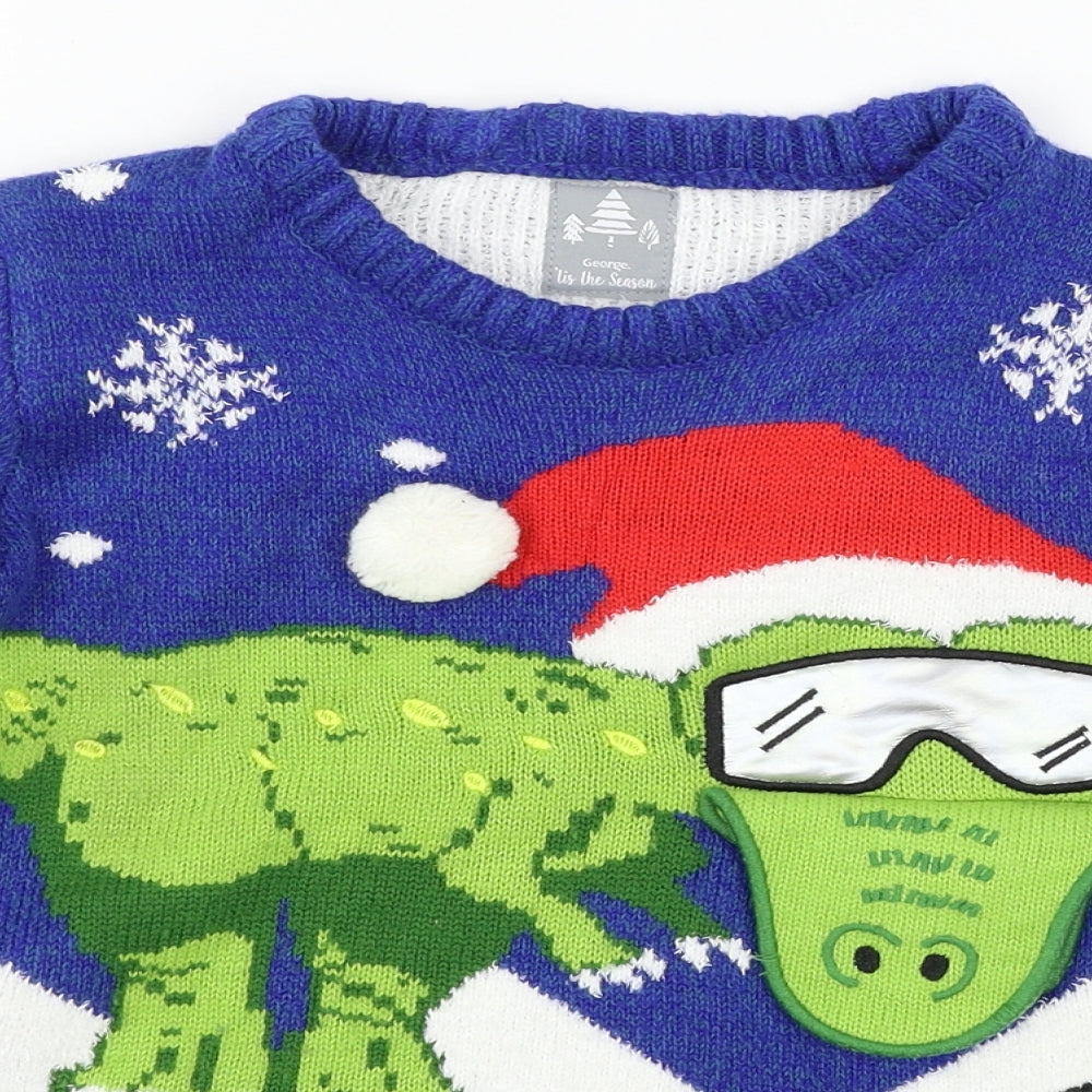 George Boys Blue  Knit Pullover Jumper Size 7-8 Years  - Christmas Dinosaur