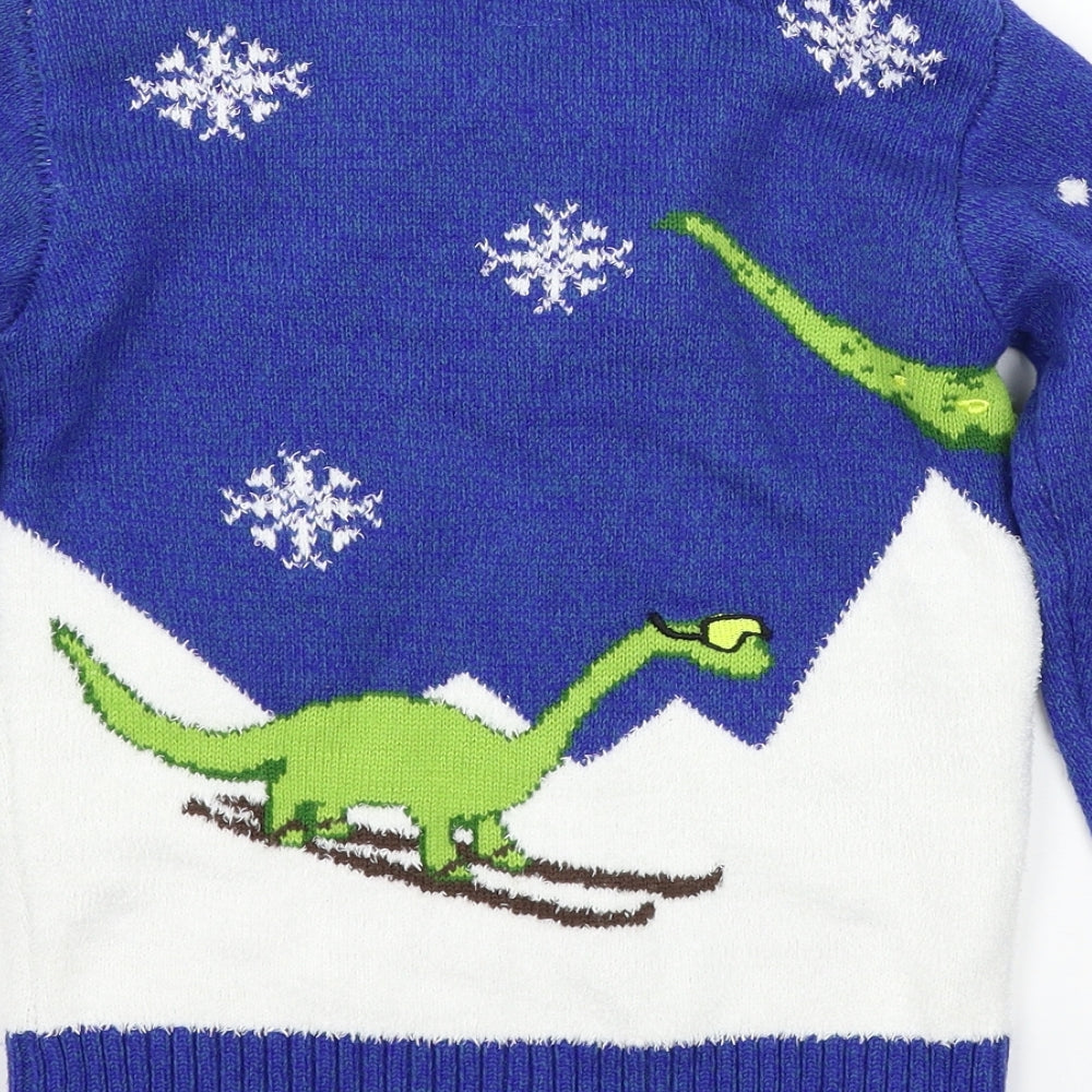 George Boys Blue  Knit Pullover Jumper Size 7-8 Years  - Christmas Dinosaur