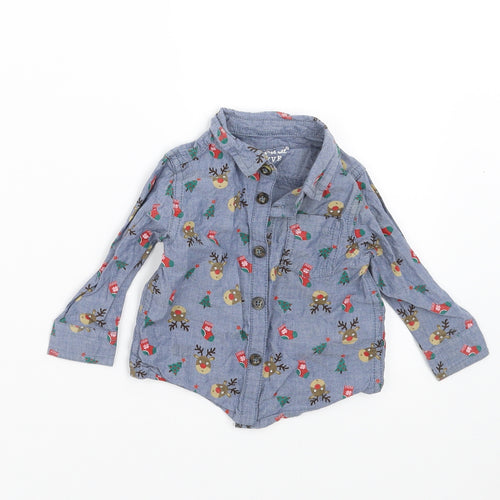 F&F Boys Blue   Basic Button-Up Size 3-6 Months  - Christmas