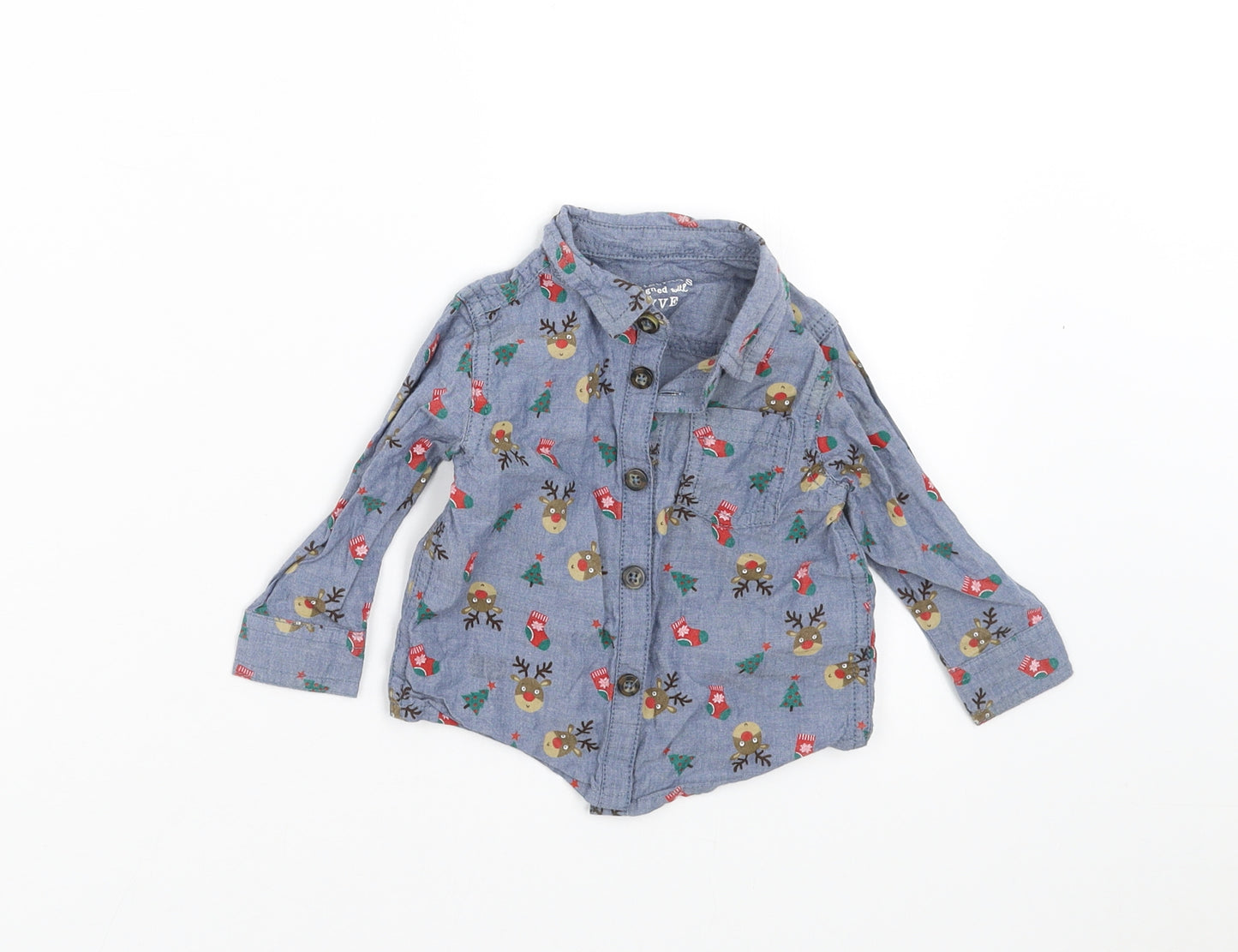 F&F Boys Blue   Basic Button-Up Size 3-6 Months  - Christmas