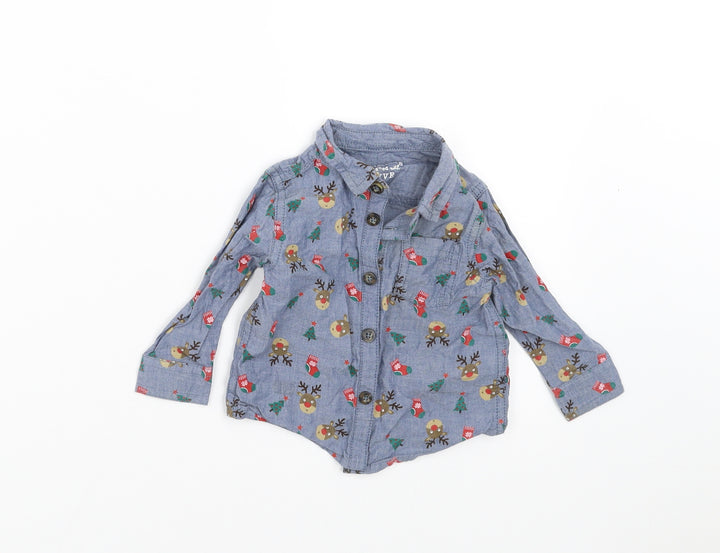 F&F Boys Blue   Basic Button-Up Size 3-6 Months  - Christmas