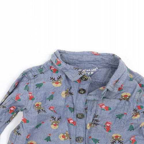 F&F Boys Blue   Basic Button-Up Size 3-6 Months  - Christmas