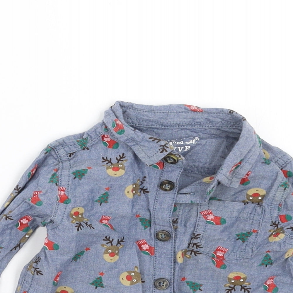 F&F Boys Blue   Basic Button-Up Size 3-6 Months  - Christmas
