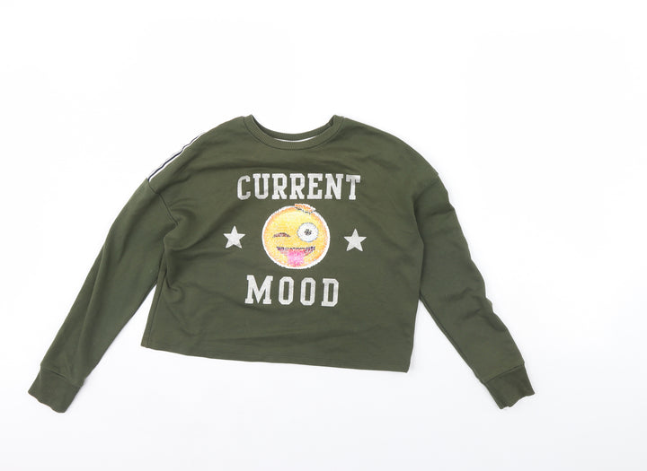 Preworn Girls Green   Pullover Jumper Size 11 Years  - Emoji