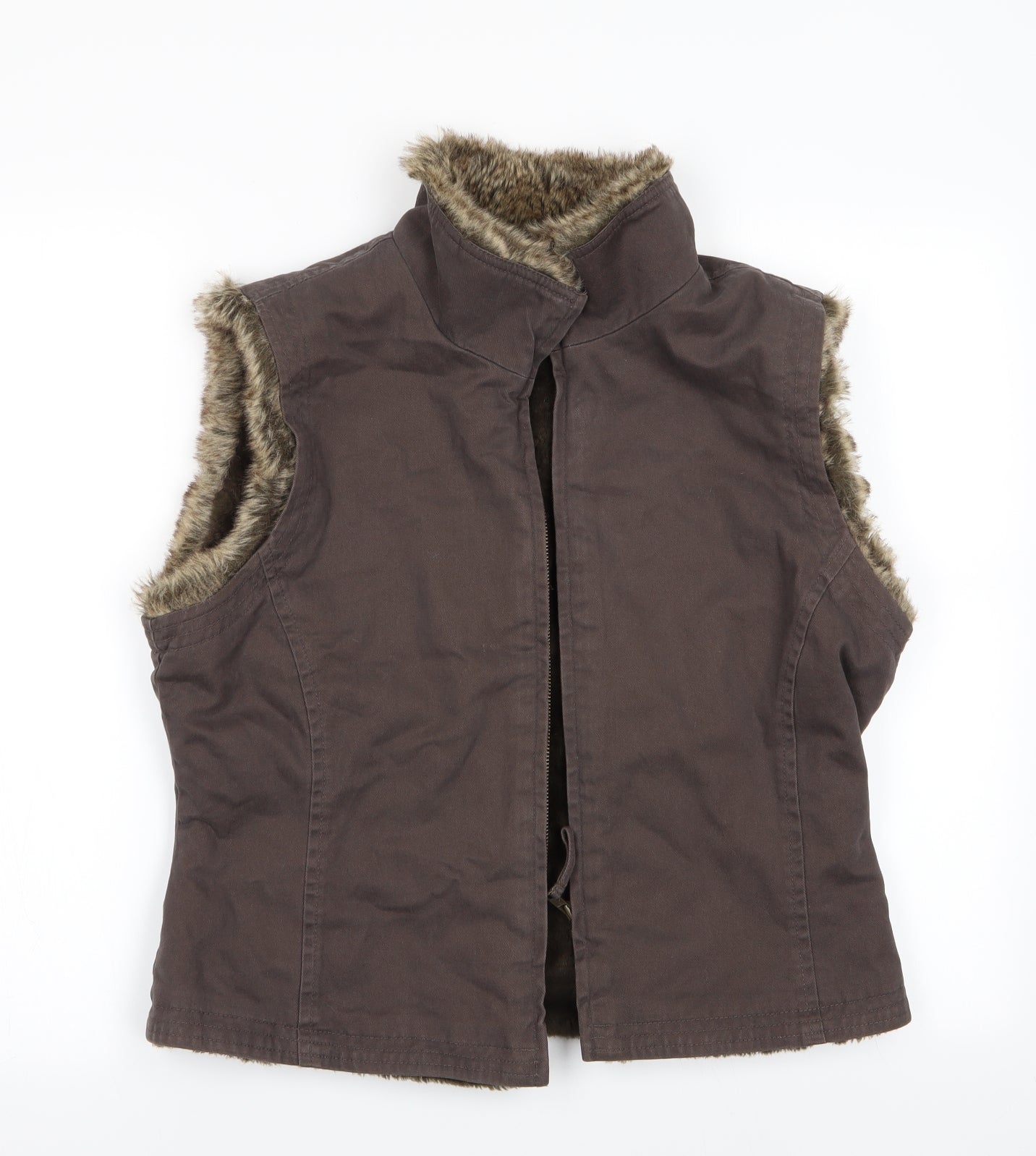 Principles Womens Brown   Gilet Waistcoat Size 14  - Faux Fur Trim - Fleece Lined