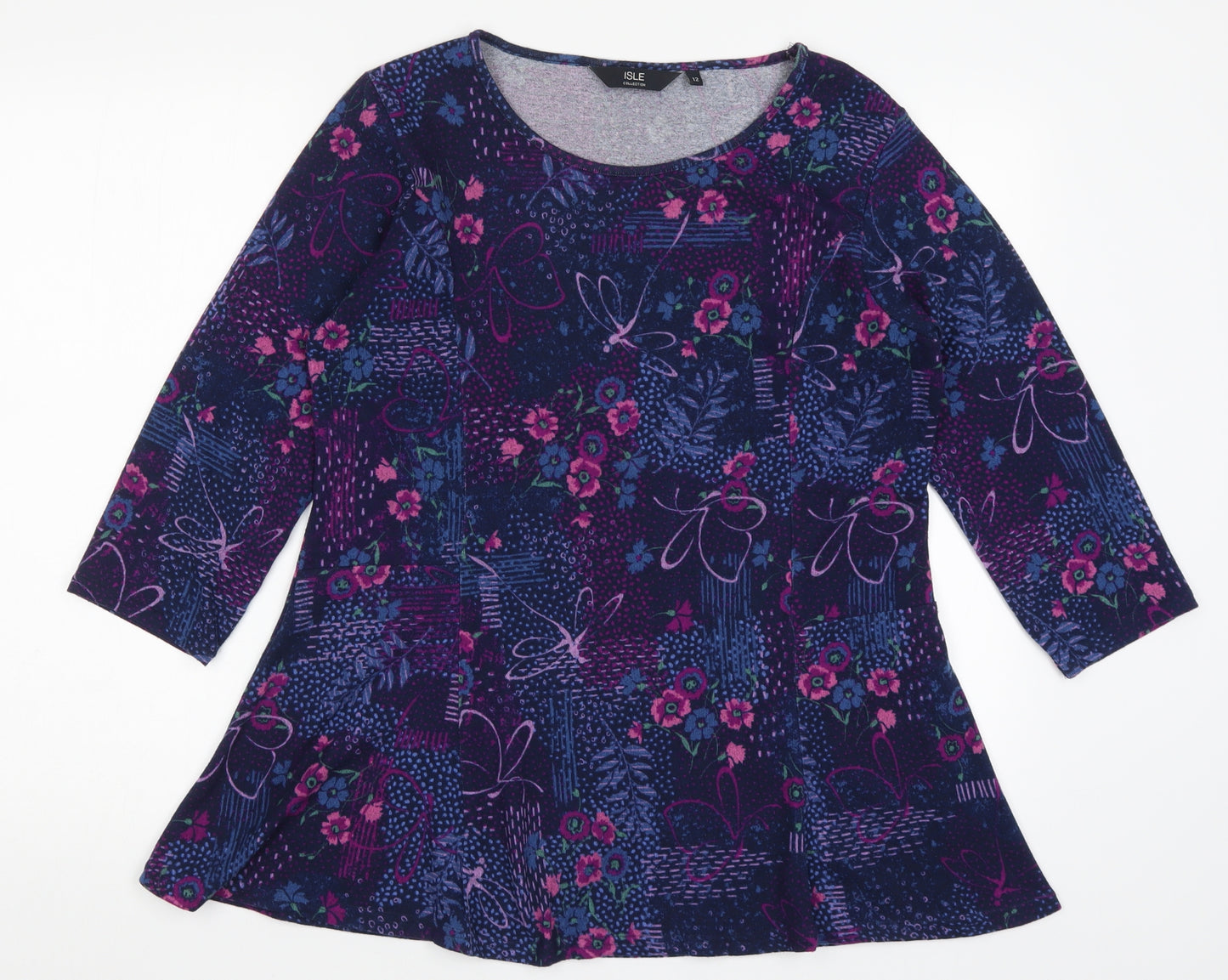Isle Womens Blue Floral  Basic T-Shirt Size 12