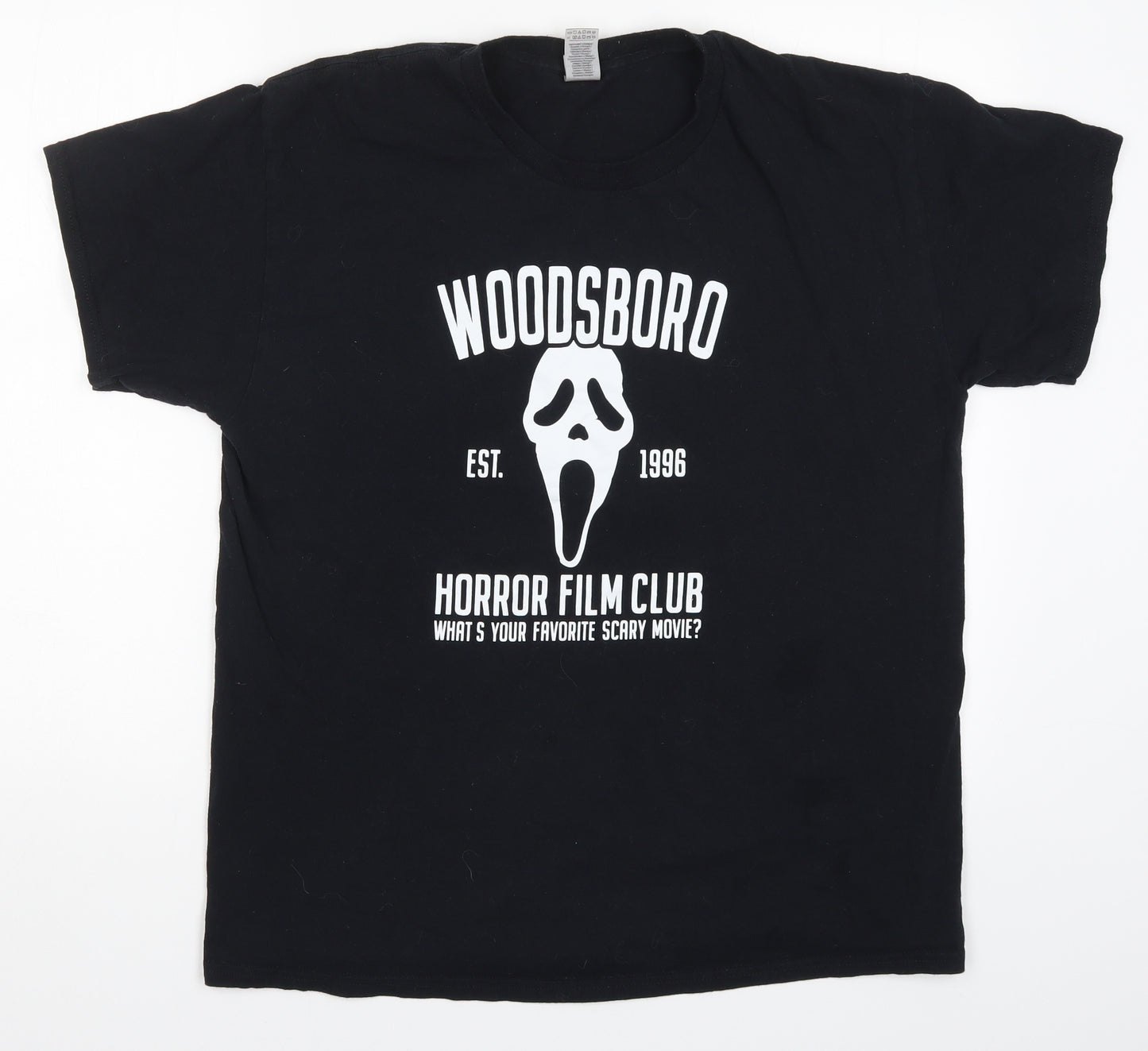 Gildan Mens Black    T-Shirt Size L  - Woodsboro Horror Film Club