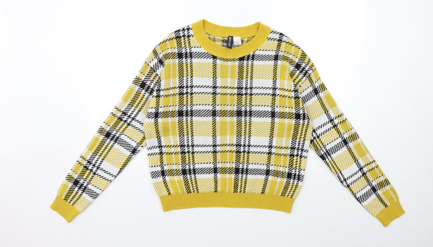 H&M Womens Yellow Check Knit Pullover Jumper Size S