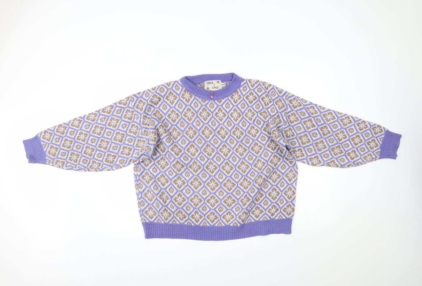 One by One Womens Purple Argyle/Diamond  Pullover Jumper One Size