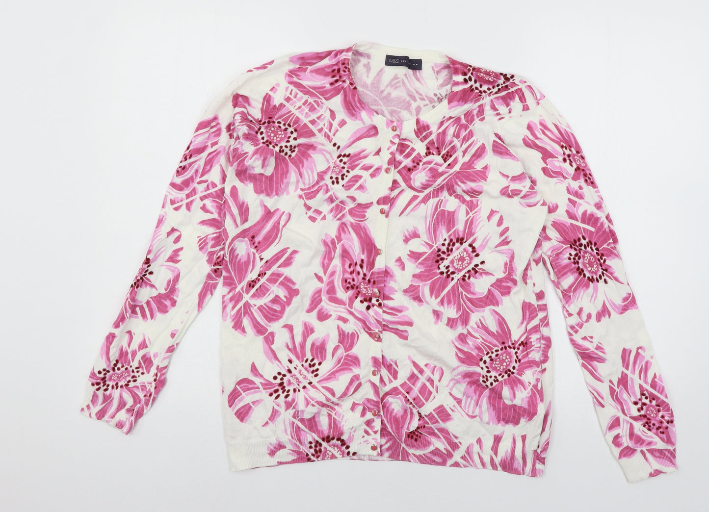 Marks and Spencer Womens White Floral Knit Cardigan Jumper Size 16