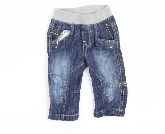 Front view of TU boys’ blue cargo trousers, size 3-6, months - jeans