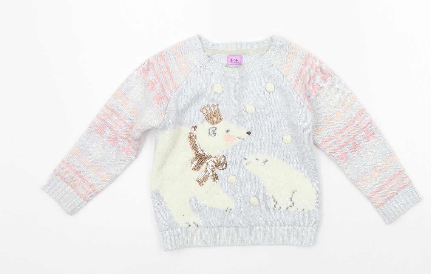 F&F Girls Grey   Pullover Jumper Size 2-3 Years  - details on chest