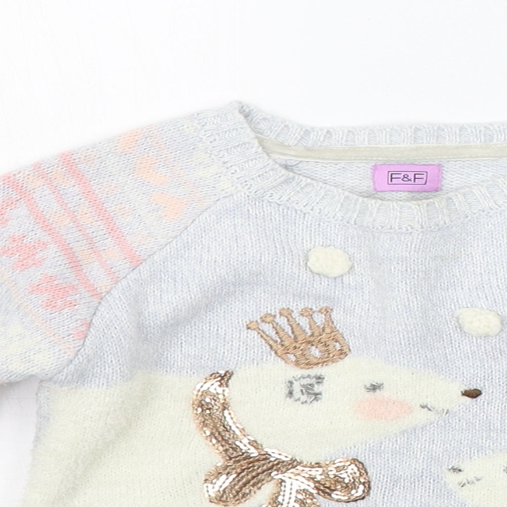 F&F Girls Grey   Pullover Jumper Size 2-3 Years  - details on chest