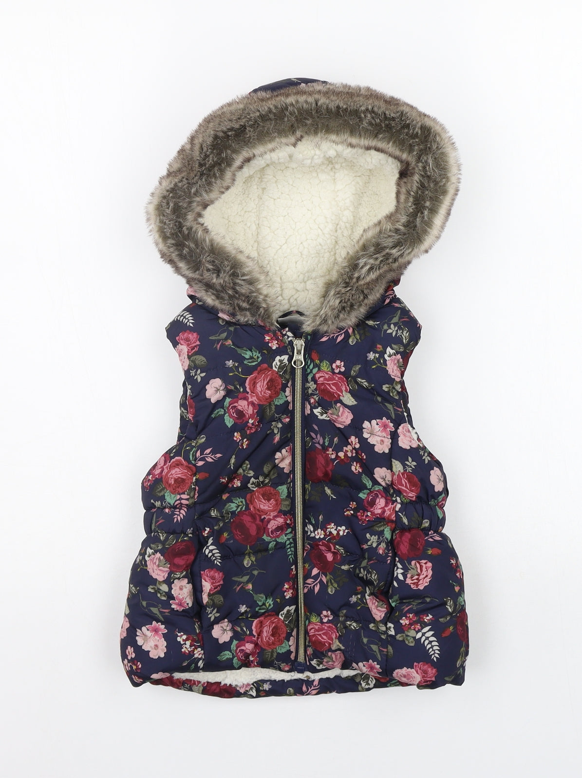 F&F Girls Blue Floral  Gilet Coat Size 3-4 Years  - FAUX FUR