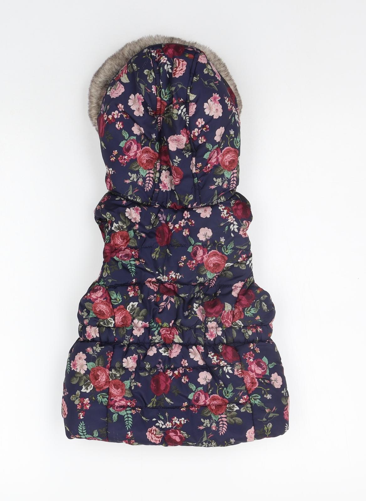 F&F Girls Blue Floral  Gilet Coat Size 3-4 Years  - FAUX FUR