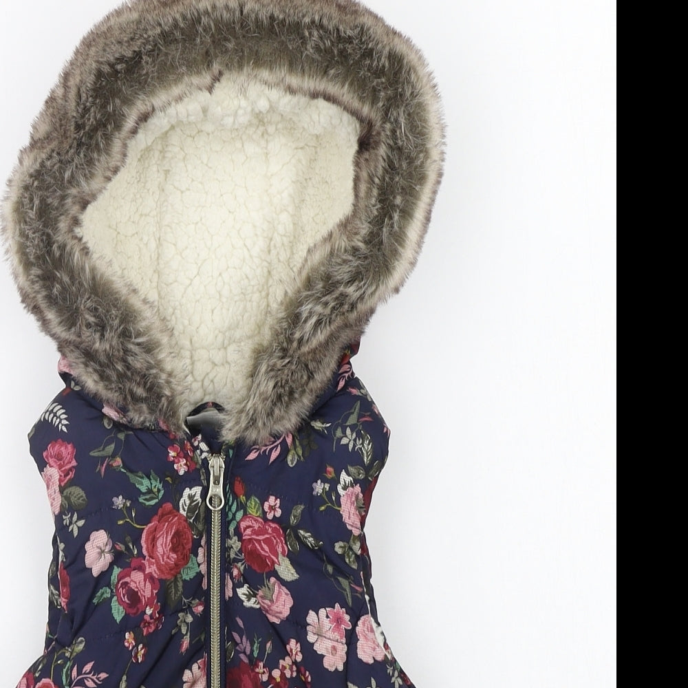 F&F Girls Blue Floral  Gilet Coat Size 3-4 Years  - FAUX FUR
