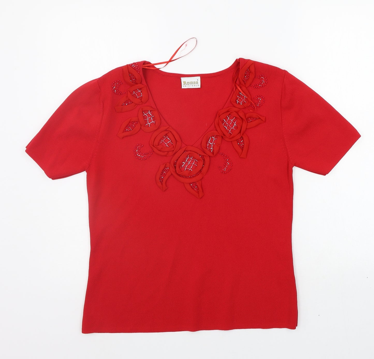 Roman Womens Red   Basic T-Shirt Size S  - details on chest