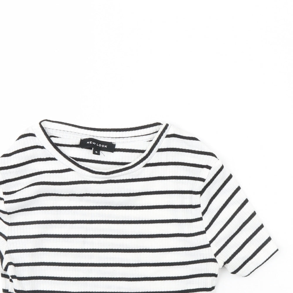 New Look Womens White Striped  Cropped T-Shirt Size 6