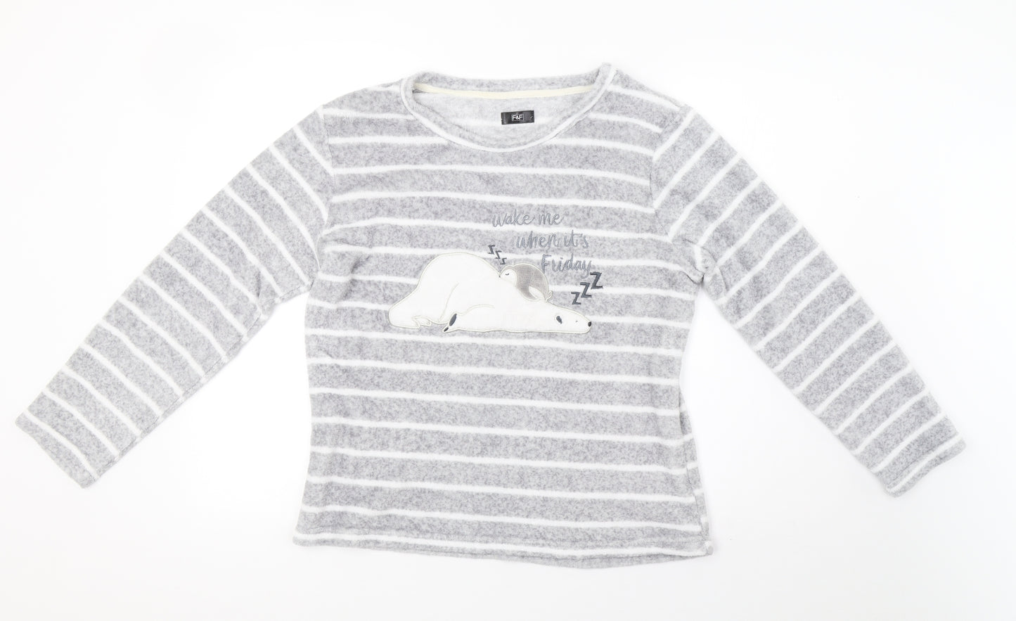 F&F Womens Grey Striped Fleece  Pyjama Top Size 14
