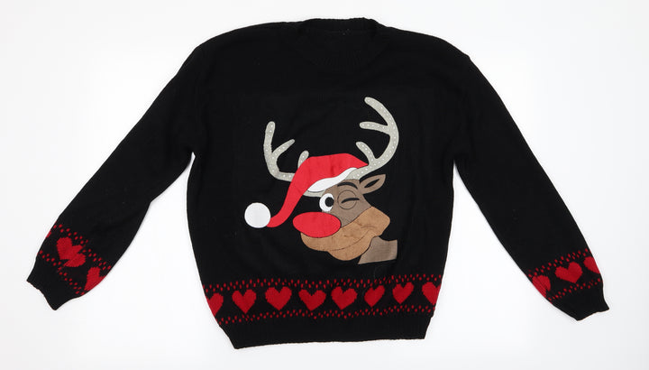 Preworn Womens Black Animal Print Pullover Jumper - Christmas Reindeer