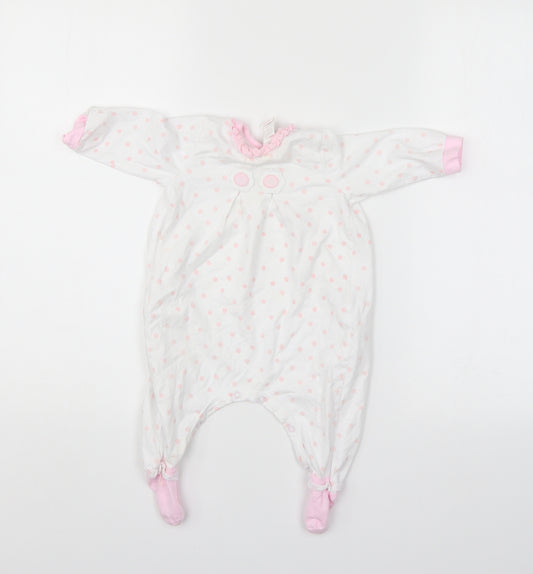 Front view of GRI girls’ white polka dot babygrow one-piece, size 6-9, months