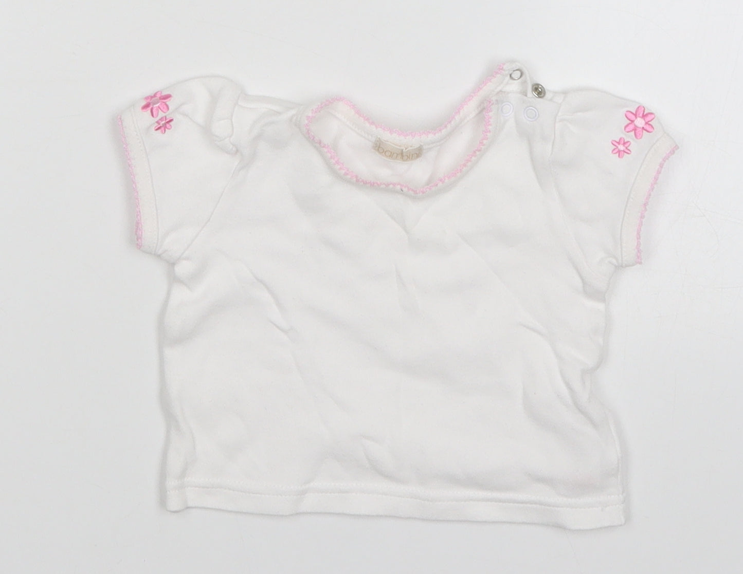 BHS Girls White   Basic T-Shirt Size 3-6 Months  - Embroidered Flowers on Sleeves