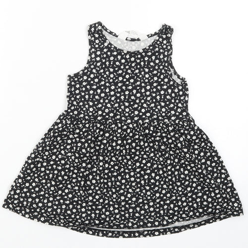 H&M Girls Black Floral  Skater Dress  Size 2 Years