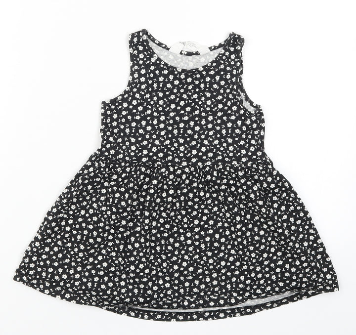 H&M Girls Black Floral Skater Dress Size 2 Years