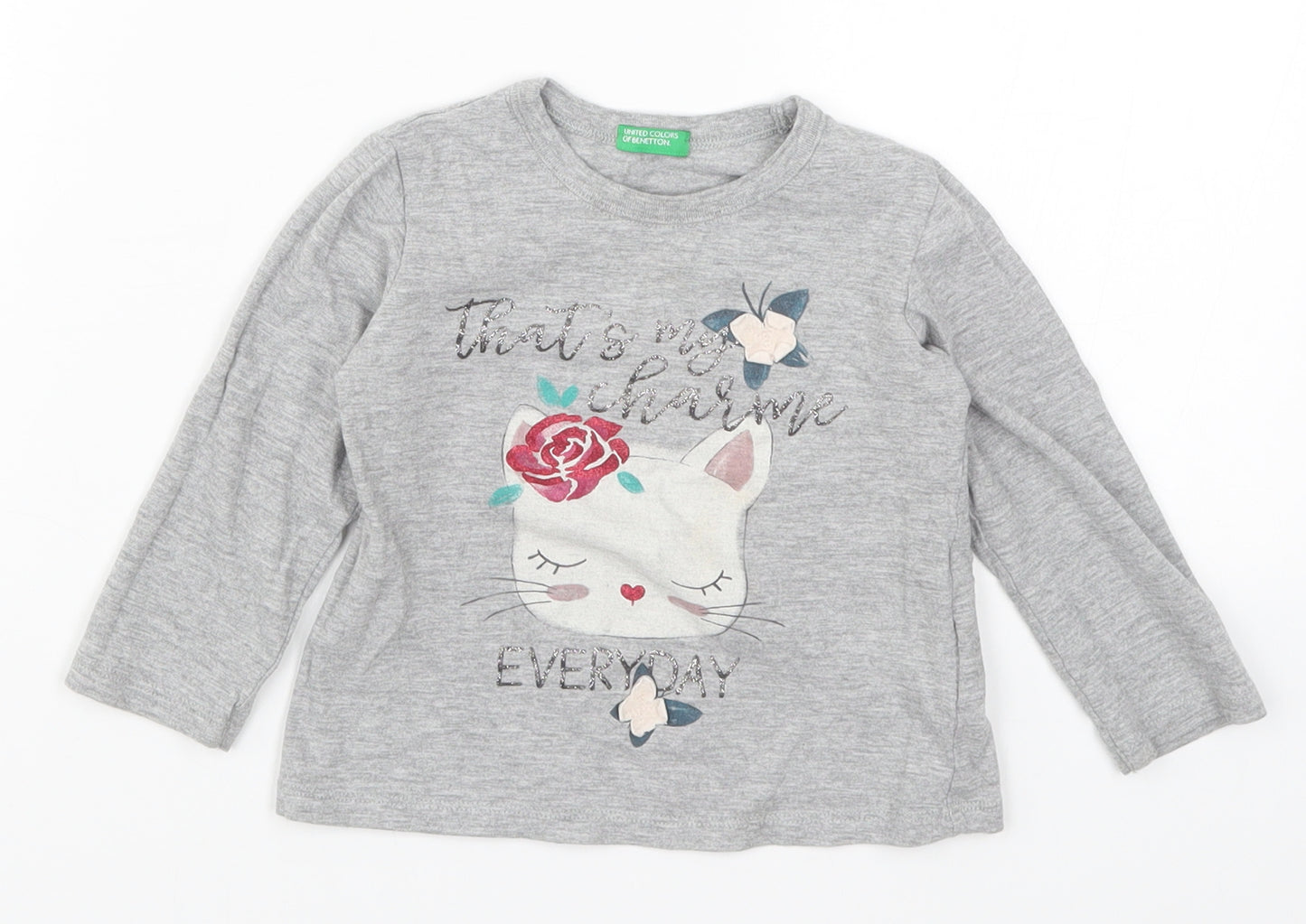 United Colors of Benetton Girls Grey   Basic T-Shirt Size 24 Months  - Cat Thats My Charm Everyday