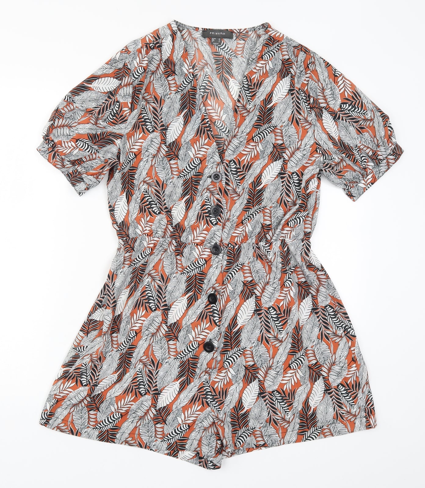 Primark Womens Orange Floral  Playsuit One-Piece Size 12  - Leaf Print