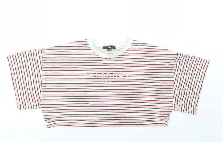 Missguided Womens Pink Striped Cropped T-Shirt Size 8