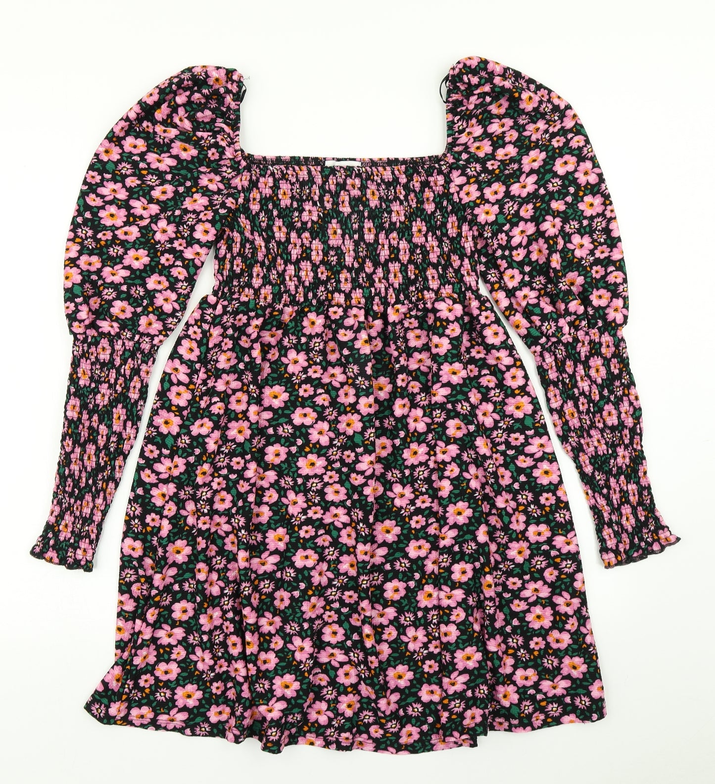 Topshop Womens Black Floral  Skater Dress  Size 12  - Balloon sleeve
