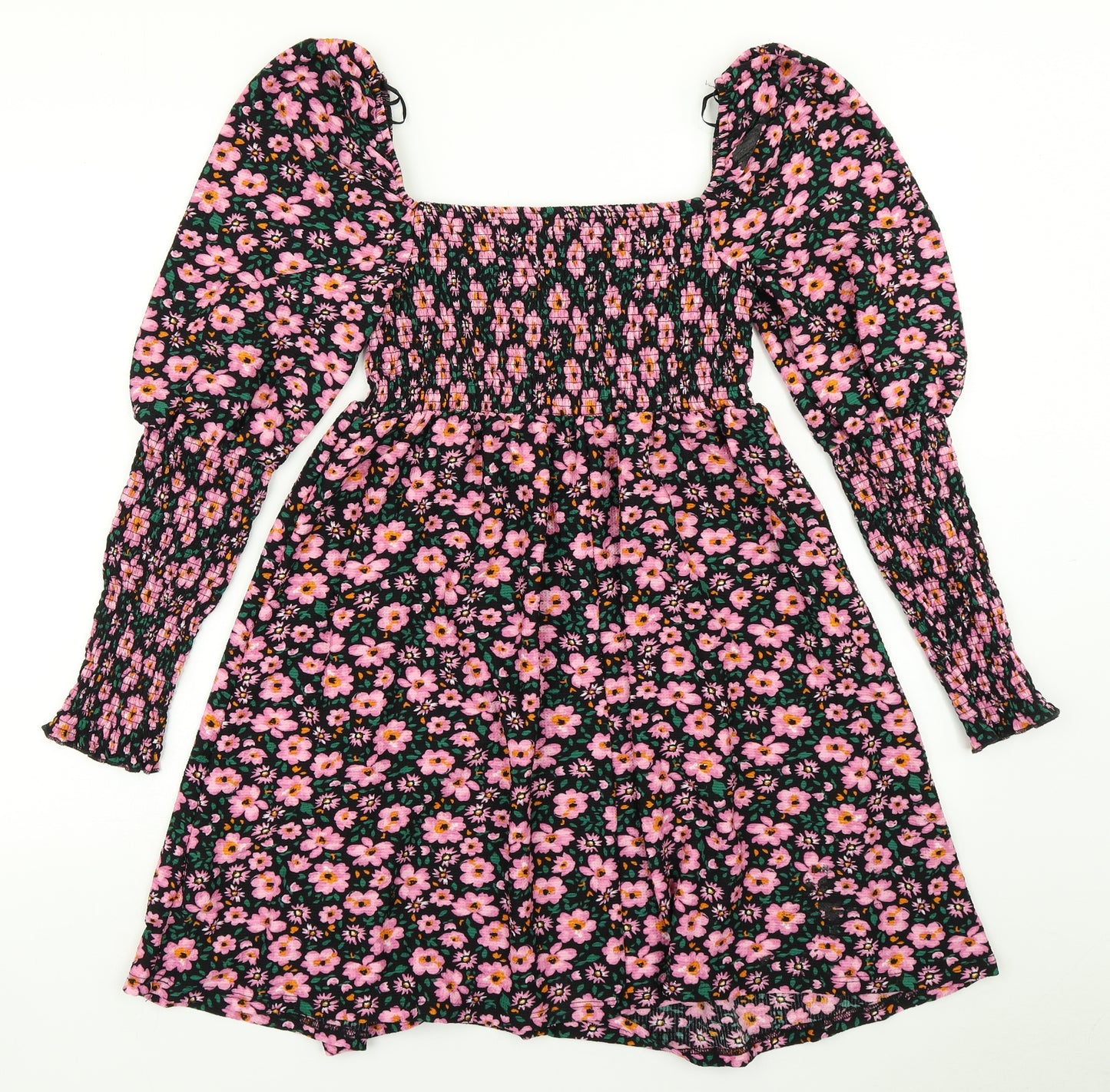 Topshop Womens Black Floral  Skater Dress  Size 12  - Balloon sleeve
