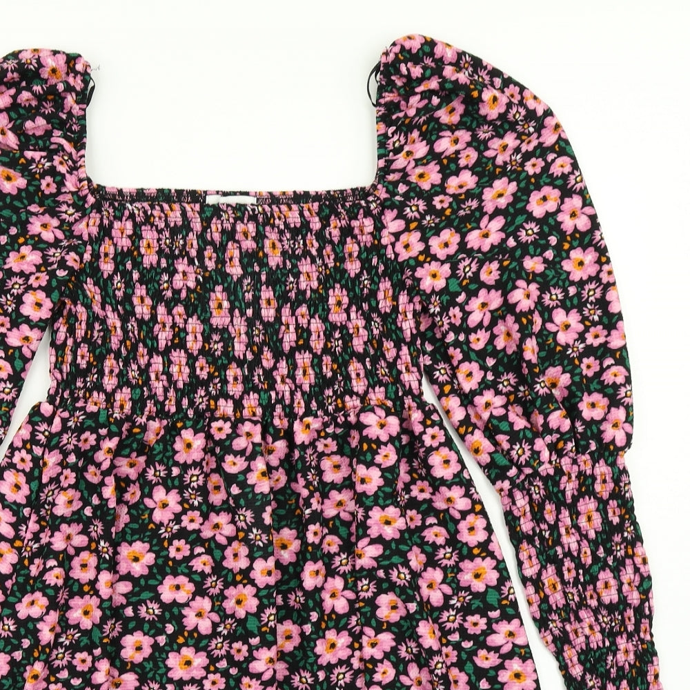 Topshop Womens Black Floral  Skater Dress  Size 12  - Balloon sleeve
