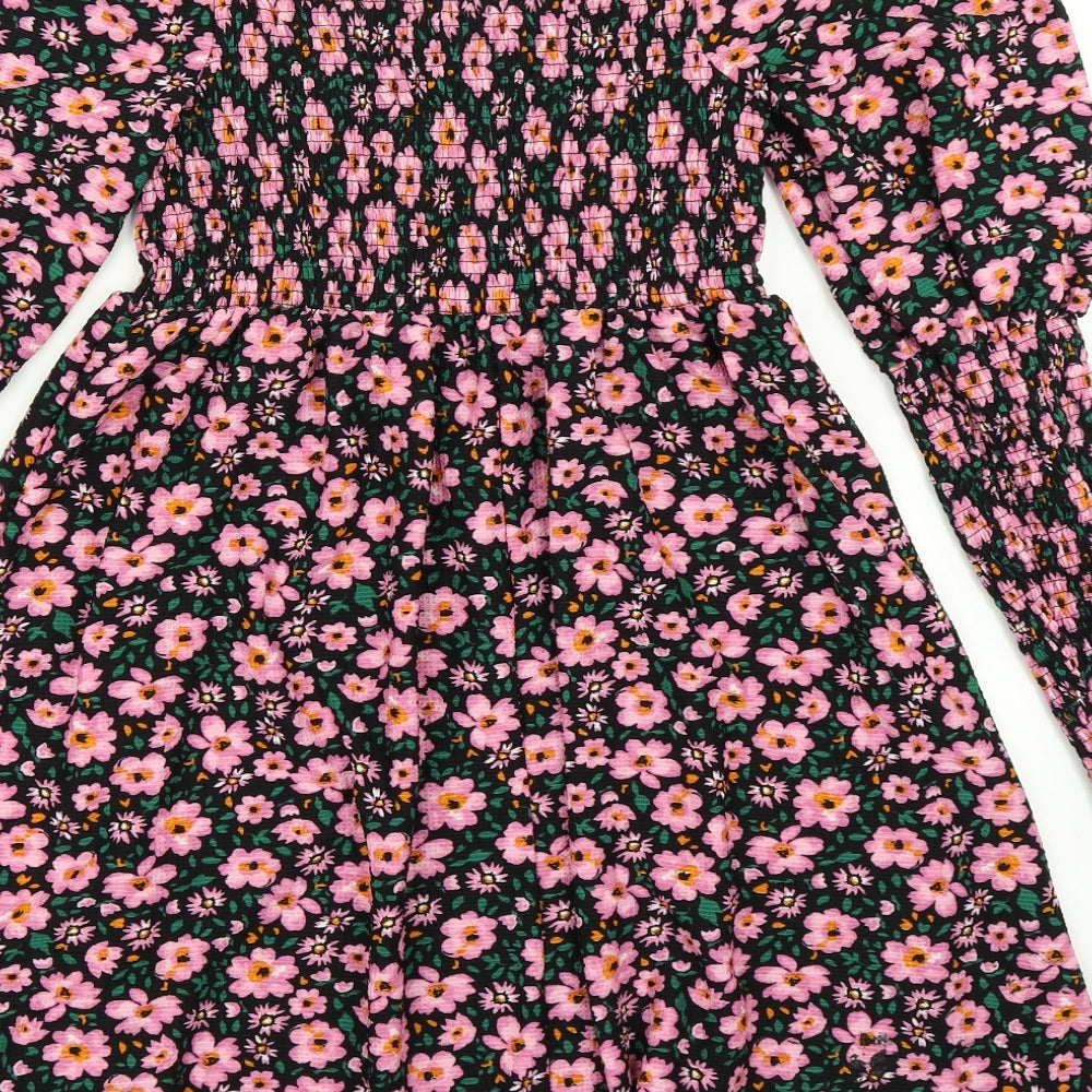 Topshop Womens Black Floral  Skater Dress  Size 12  - Balloon sleeve