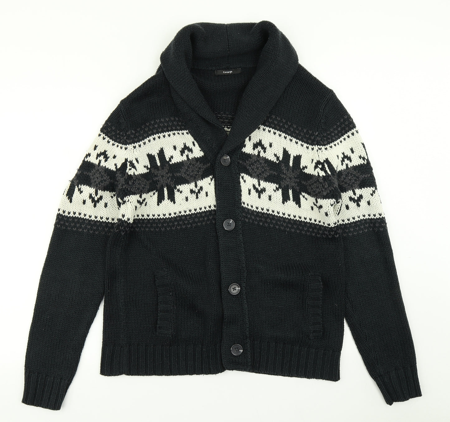 George Mens Black Fair Isle Knit Cardigan Jumper Size M