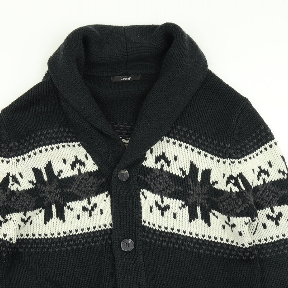 George Mens Black Fair Isle Knit Cardigan Jumper Size M