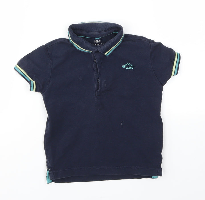 M&S Boys Blue Houndstooth  Basic T-Shirt Size 2-3 Years