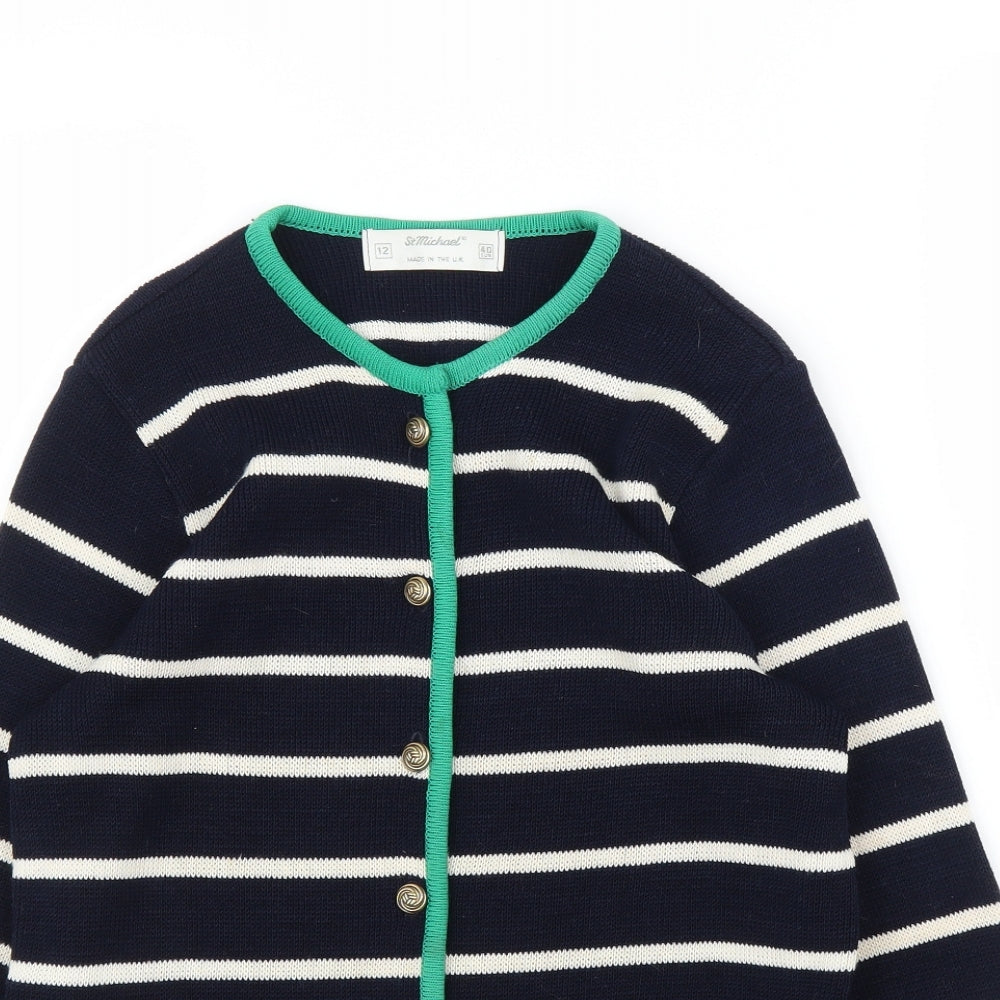 M&S Womens Blue Striped  Cardigan Jumper Size 12